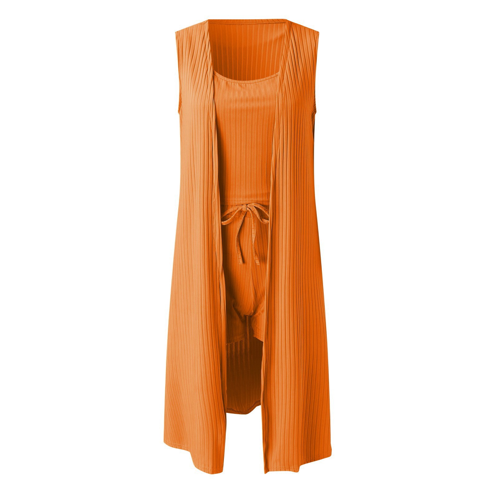thumbnail image 5 of 2025 Conjunto de 3 piezas para mujer: abrigo sin mangas acanalado, chaleco y pantalones cortos, color liso, ropa informal/de fiesta, tallas S-XXL, 5 of 7